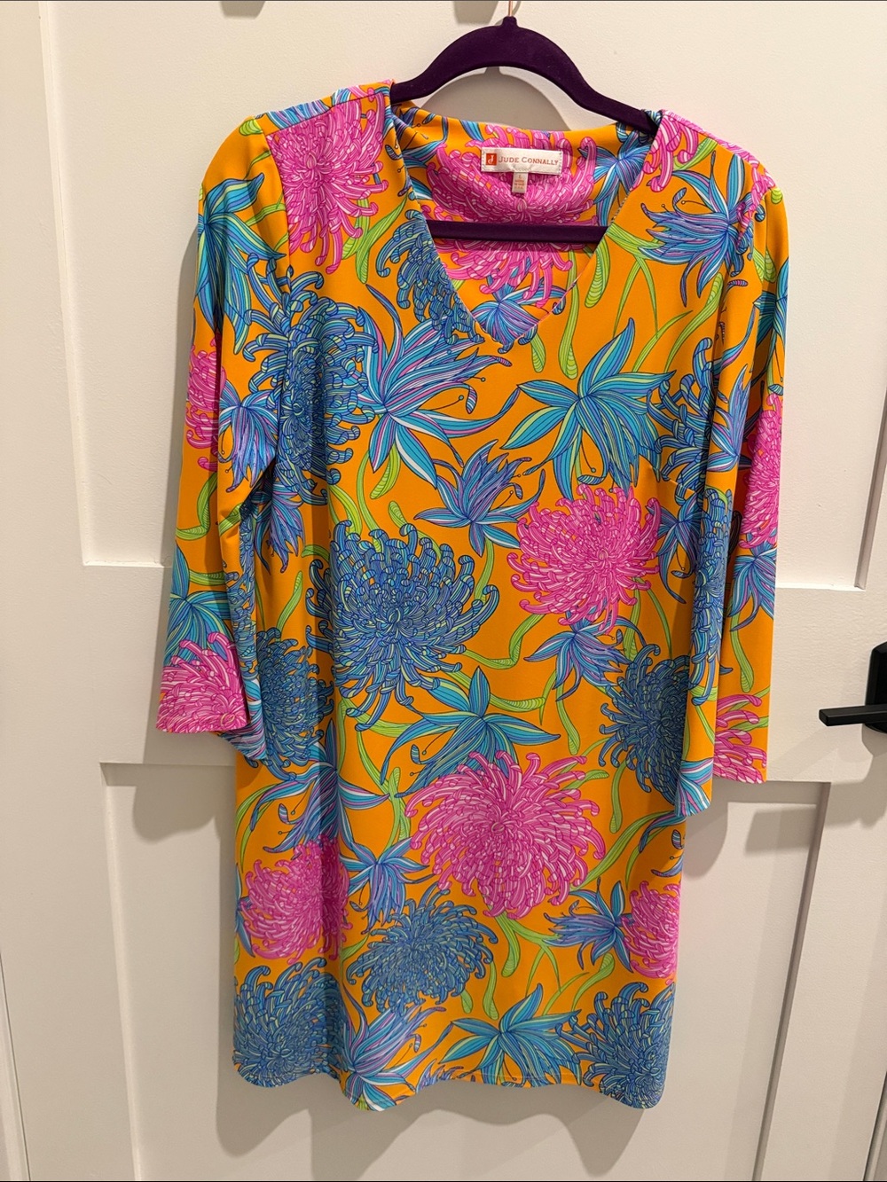 Jude Connally Mustard Floral Shift Dress with Pink & Blue Blooms
